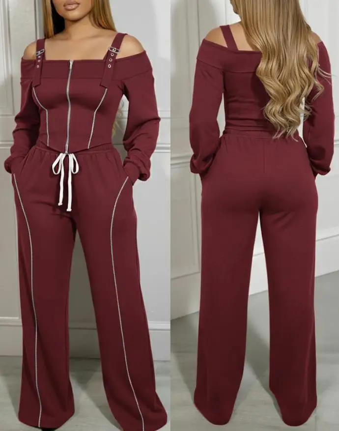 

New Fashion 2025 Sexy Elegant Womens 2 Pieces Outfit Trendy Long Sleeve Cold Shoulder Top Drawstring Waist Pants with Pockets