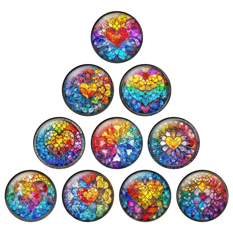 24pcs Colorful Love Rainbow Heart-shaped Patterns 12mm/20mm/25mm Round Photo Glass Cabochon Demo Flat Back Making Findings H147