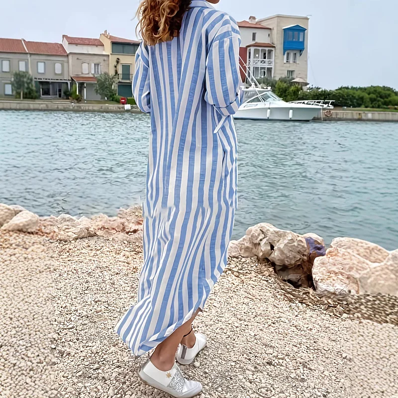 Elegant Turn Down Collar Linen Breathable Dress Trendy Casual Loose Pocket Dress Summer Stripe Long Sleeve Shirt Dress For Women