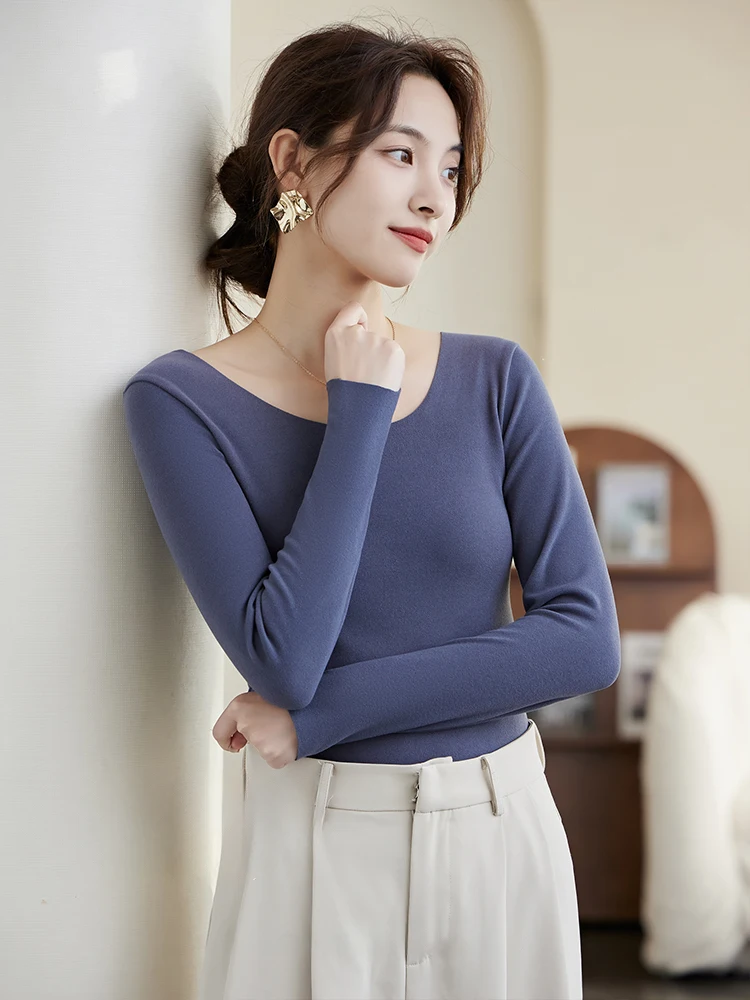 Ropa interior térmica para mujer, camisa base de manga larga con cuello redondo, top sin costuras con autocalentamiento, Otoño e Invierno