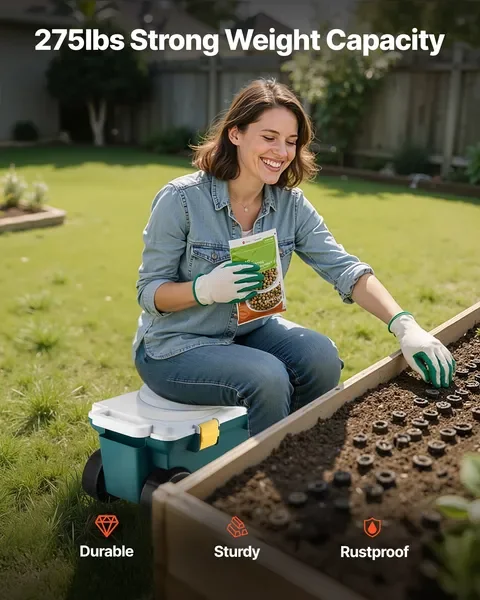 Carrinho de jardim com assento 276 libras, caixa de armazenamento e assento de plástico para scooter de jardim