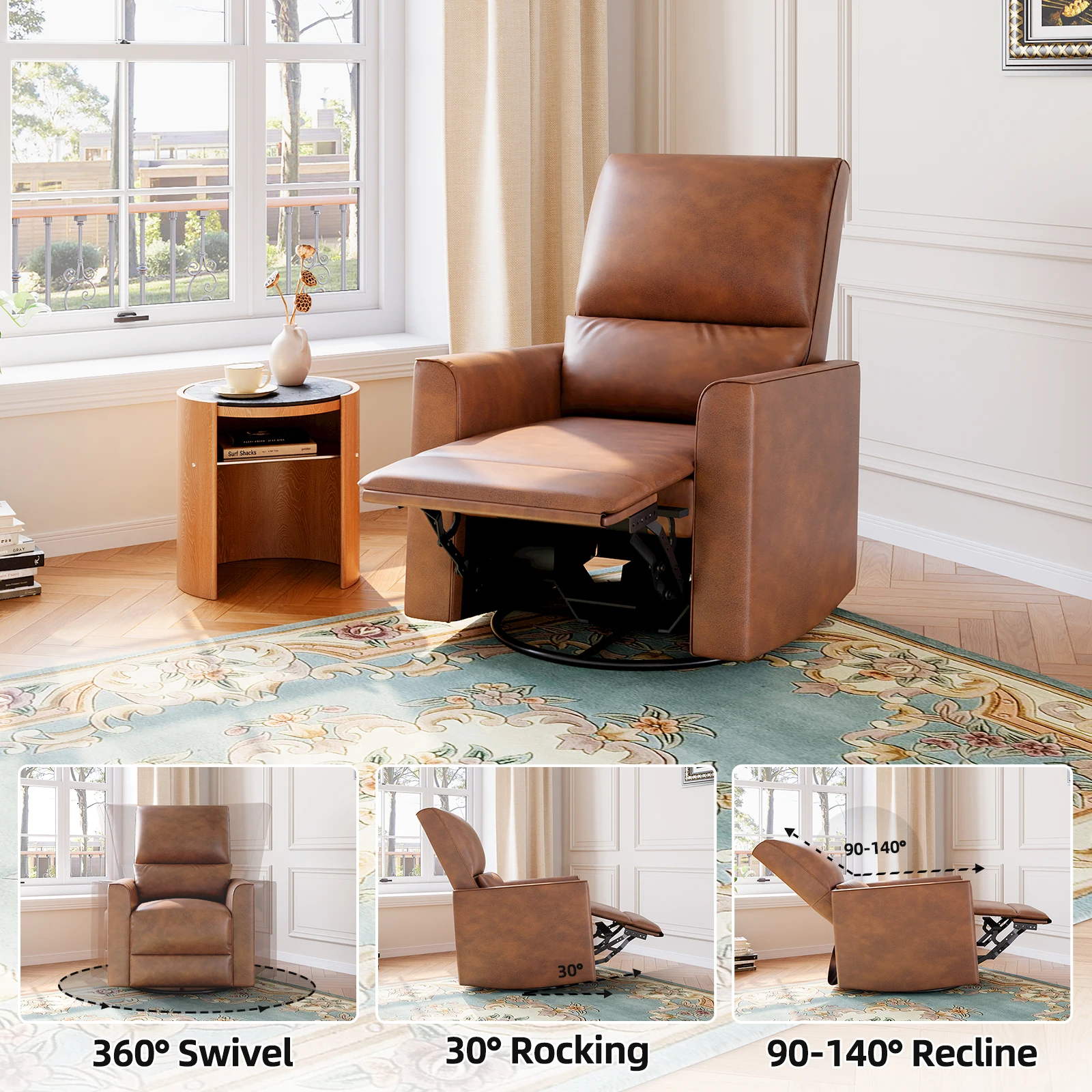 Swivel Rocking Recliner Chair Rocker Recliner Glider Deep Seat PU Leather Sofa Chair with high Backrest for Living Room, Bedroom