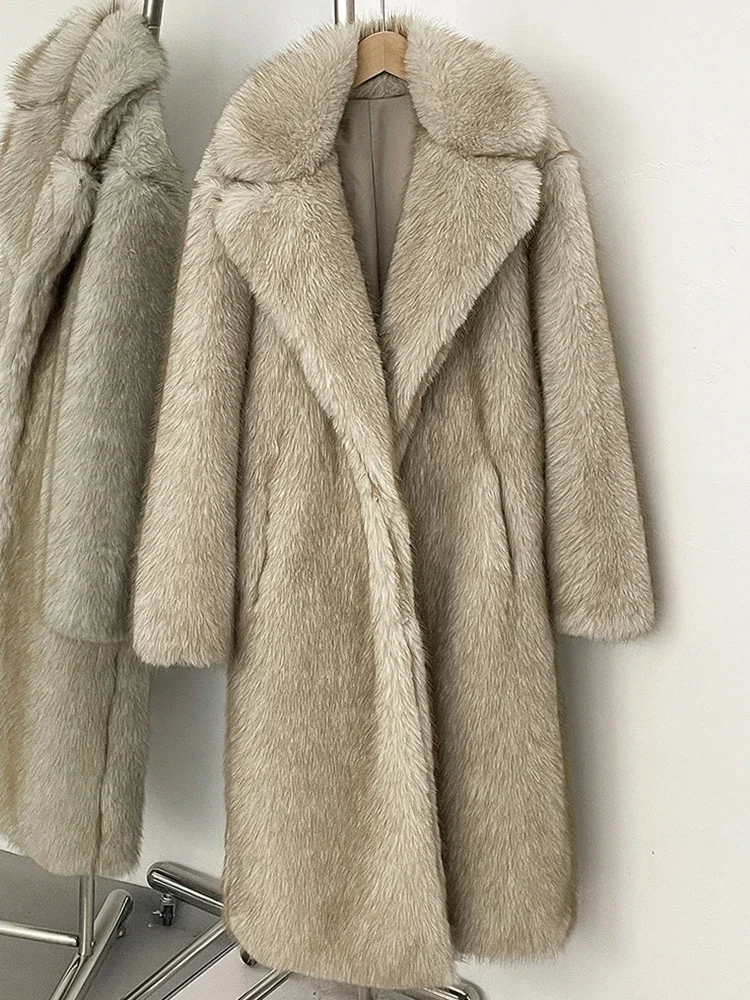 Winter New Women Faux Fur Jacket Coat Solid Khaki Long Sleeve Thick Warm Overcoat Outwear Female Fluffy Coat