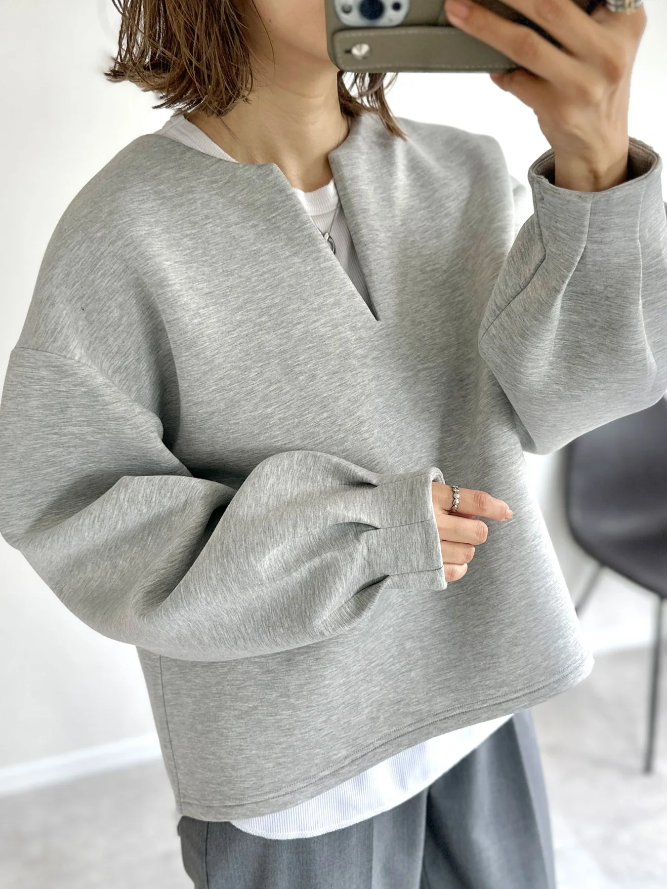 Loose Fit V-Ne Lantern Sve Sweatshirt Pure Kleur Herfst Winter Casual Veelzijdige Topjas voor Dames Street Sle