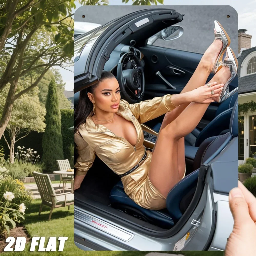 JIT ريترو الحديد معدن تسجيل 8in * 12in فستان ذهبي سيدة نموذج سيارة شعار - رجل الكهف ورشة عمل حانة زخارف الحائط #3