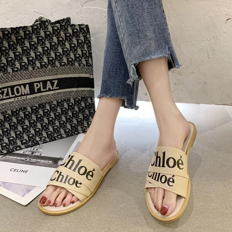 Women Luxury House Shoes Low Heel Canvas Fabric Slippers Designer Summer Footwear Flat Sandals Sale Beach Slides Bathroom Living