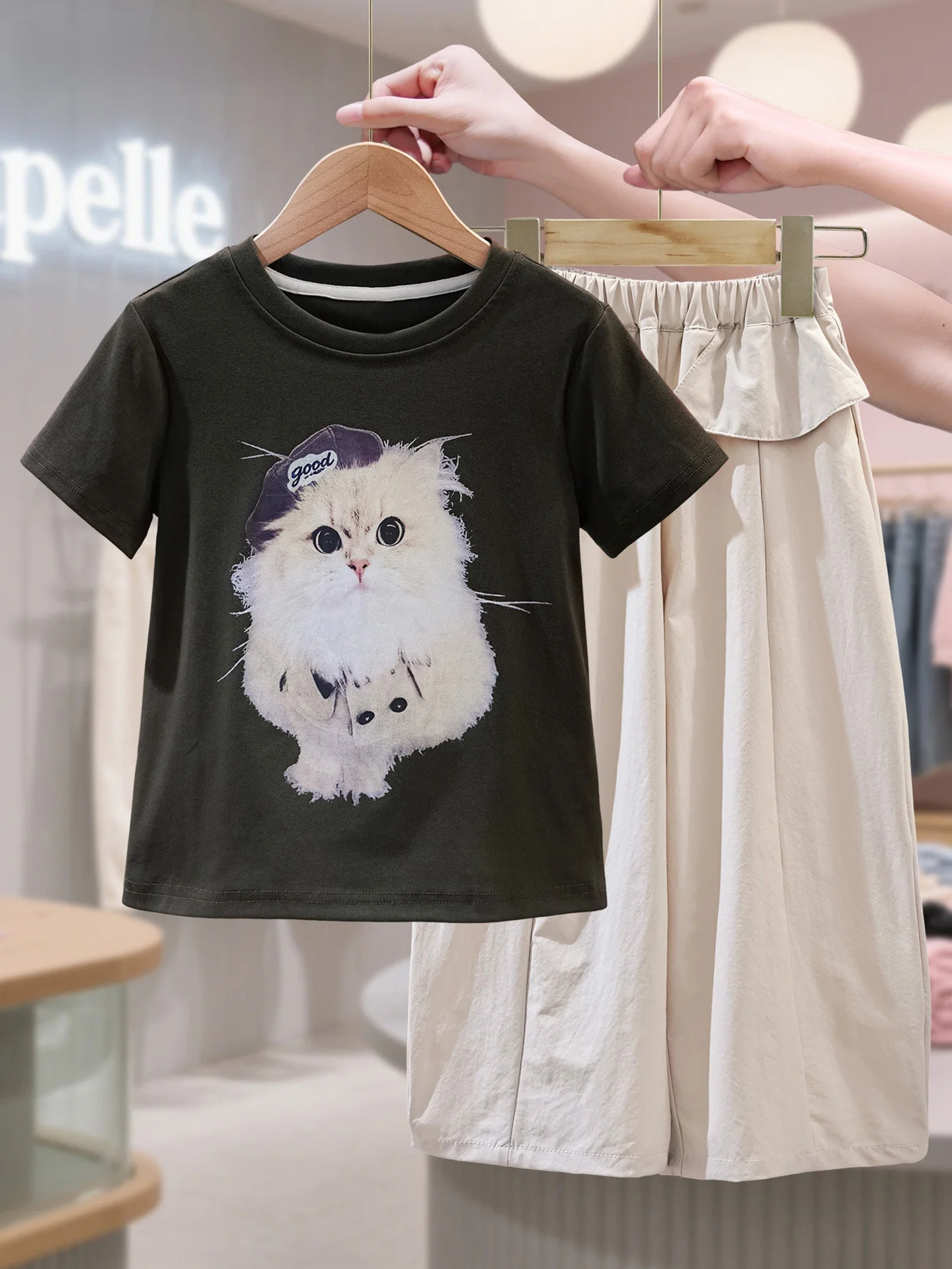 la-chapelle-children's-summer-outfit-cartoon-short-sleeve-girls'-set-breathable-thin-two-piece-suit-for-ages-3-14