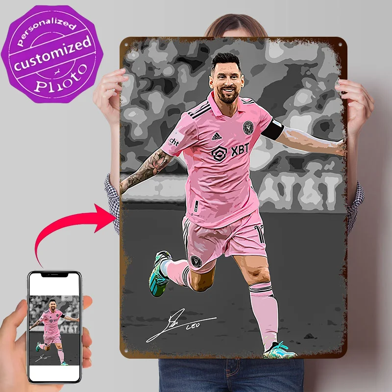 Lionel Messi Inter Miami Illustration 3D Texture Printed Poster Custom Vintage Metal Tin Plate Sign for Wall Art Decoration Room