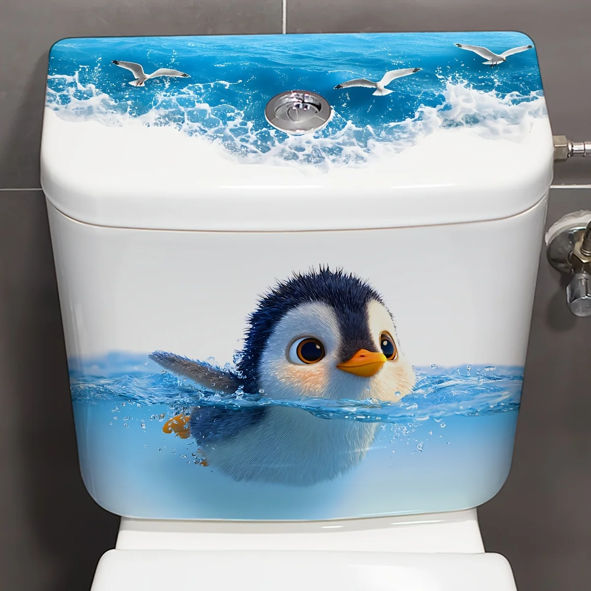Swimming little penguin toilet sticker, self-adhesive waterproof, bathroom cute decoration, easy to clean without leaving glue