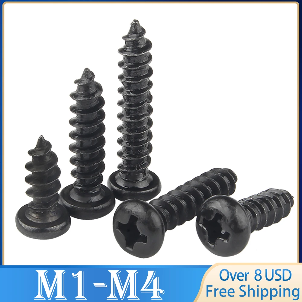 100pcs Cross Round Head Phillips Self-tapping Screws M1 M1.2 M1.4 M1.5 M1.7 M2 M2.3 M2.6 M3 M3.5 M4 Black Carbon Steel Screw