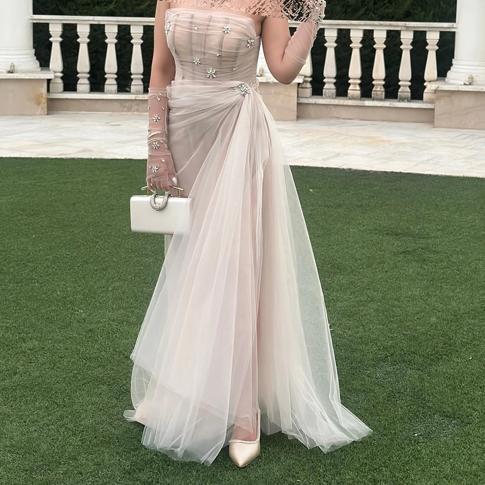 

Customized A-line Evening Dresses Floor-length Strapless Half Sleeve Prom Gown Fashion Crystal Simple Draped Backless Party Gown