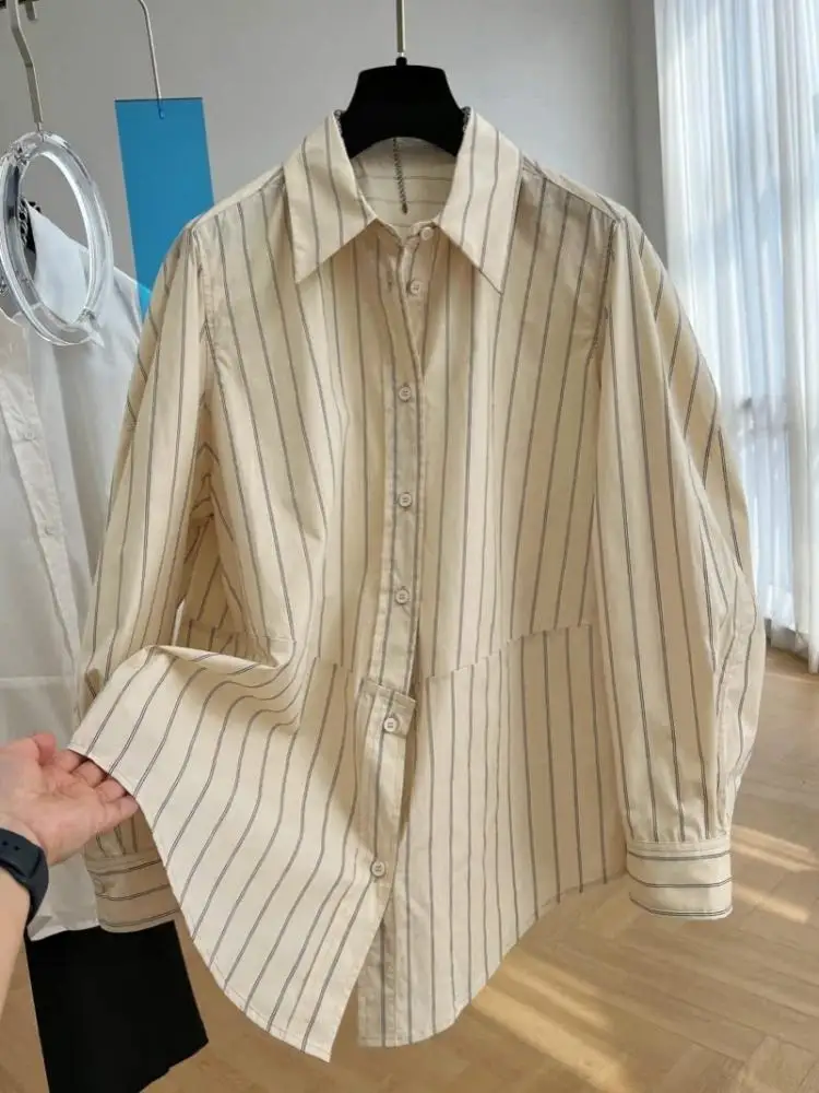 Design Sense Niche Striped Long Sleeve Shirt Women Autumn New Loose Button Up Lapel Blouses Casual Simple All-match Shirt Tops