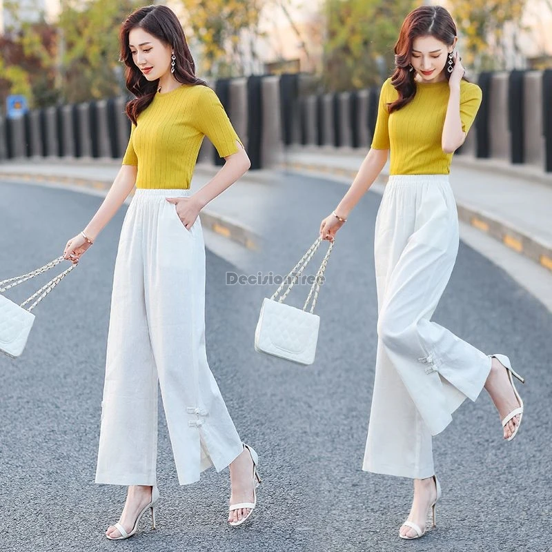 

2024 new linen nine points suit pants chinese ethnic style leisure straight wide leg pants elegant lady party versatile trousers