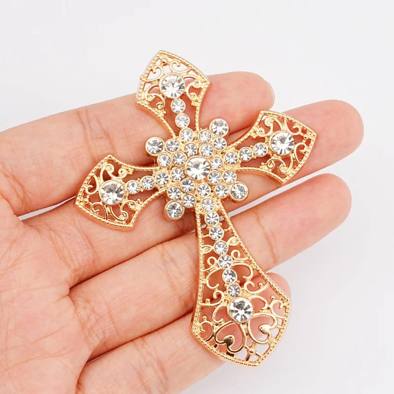 1Pc Gothic gold hollowed out filigree inlaid with transparent rhinestone cross pendant DIY necklace jewelry making accessories