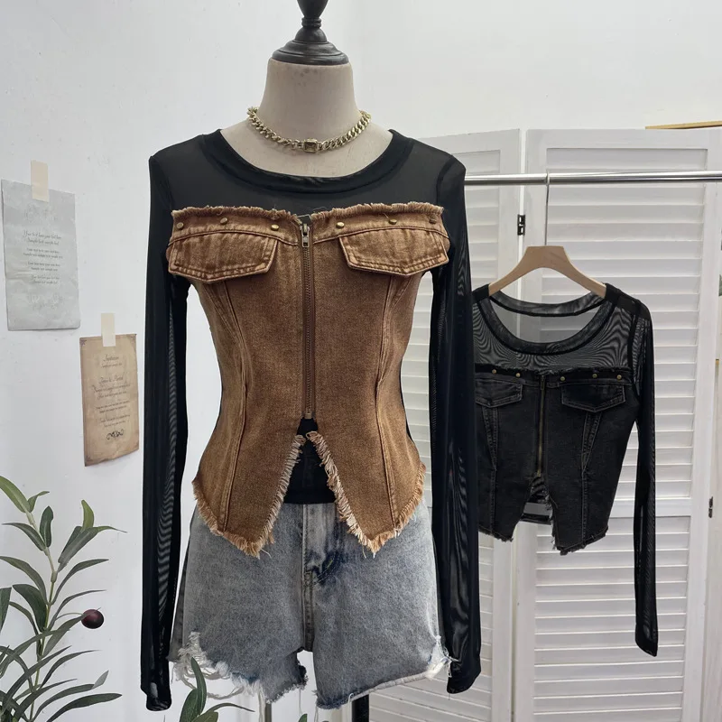 Vintage Shirt Frayed Edge Denim Patchwork Zip Front Fake Two Piece Mesh Blouse Fitted Cropped Sheer Top Chic Outfits8990