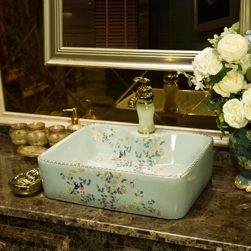 

Square Table Ceramic Face Washing Art Washstand Single Basin Bathroom Face Washing Table Wash Basin Household