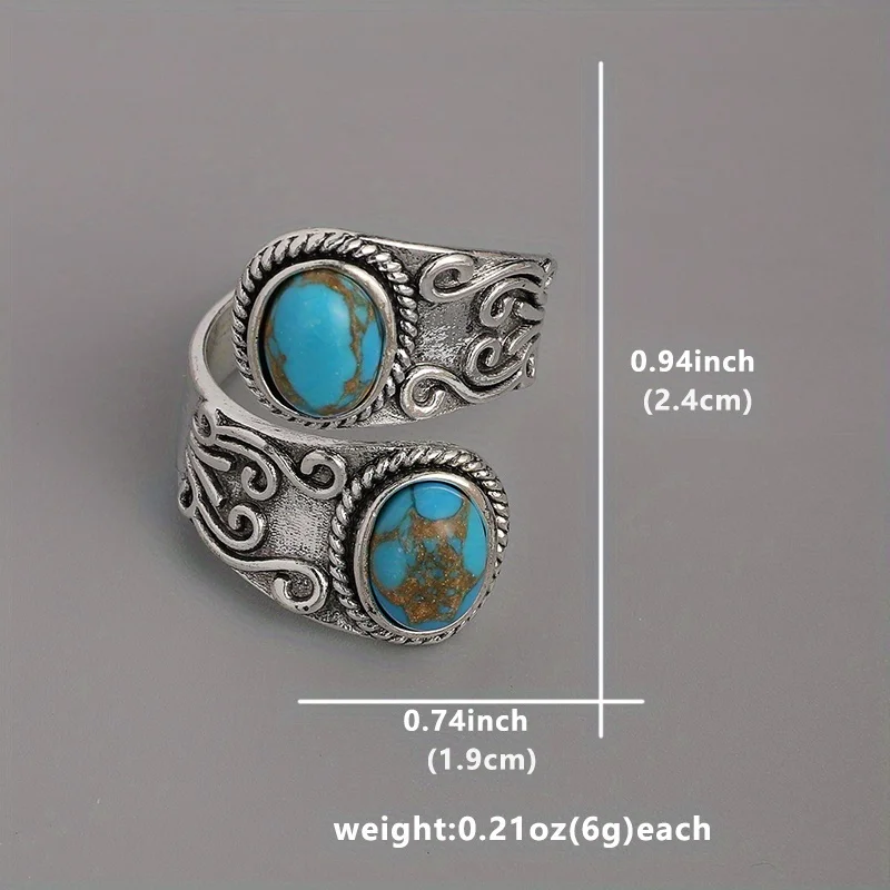 Vintage Wrap Ring Silver Plated Delicate Carving On The Surface Inlaid Turquoise Boho Style Jewelry Match Daily Outfits