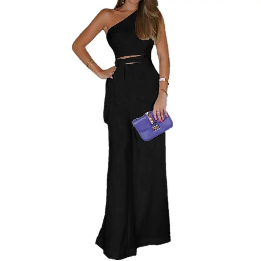 

Women Jumpsuit One Shoulder Sleeveless Slant Neck Hollow Out High Waist Wide Leg Lace-up OL Floor Length monos para mujer