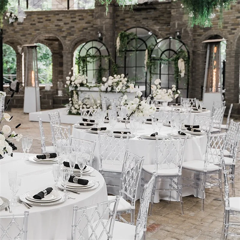 Chiavari-silla desmontable de resina acrílica, asiento de cristal transparente, para boda, Fiesta en Hotel, 100 unidades