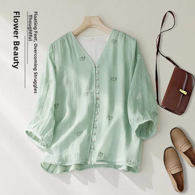 

Элитная легкая женская рубашка из хлопка и льна с V-образным вырезом, вышивкой и коротким рукавом, базовая модель, весна-лето, новинка