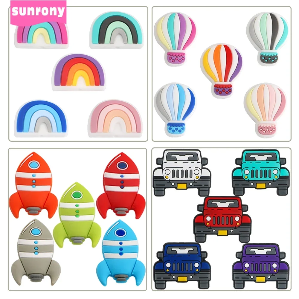 Sunrony 5/10Pcs Focal Silicone Beads Cartoon Rainbow Car Air Balloon For Jewelry Making DIY KeyChain Necklace Accessories