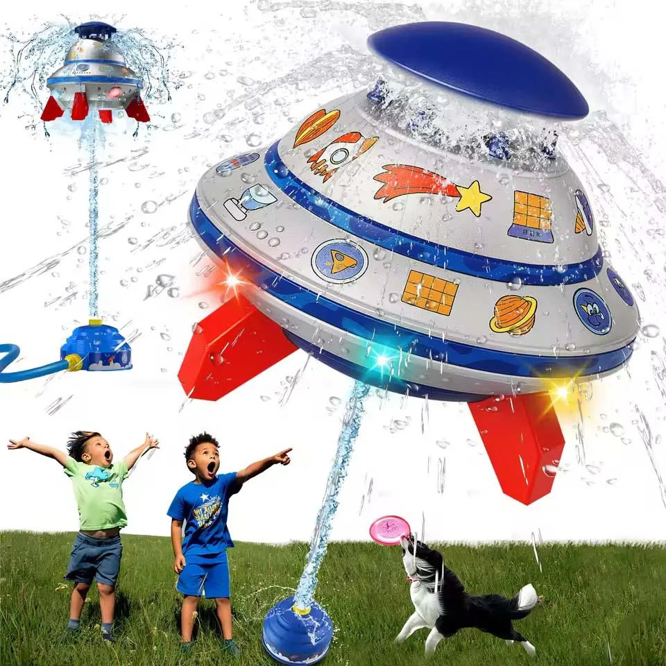 Water Sprinkler for Kids with Lights 360° Rotating UFO Water Rocket Sprinkler Toy Outdoor Summer Water Toys for Backyard Lawn Po