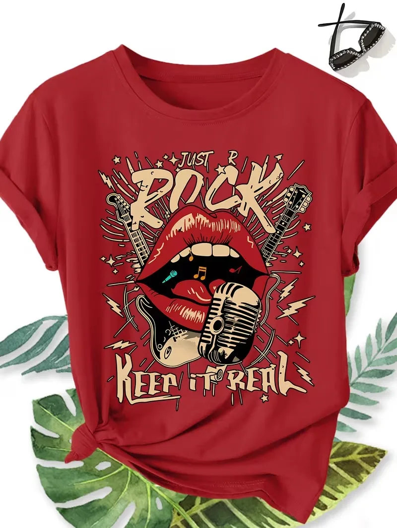Rock Red Lips Printed Women's T-shirts Fashion Casual Comfortable Daily Round Neck Short Sleeve Tee Tops Harajuku Woman Clothing