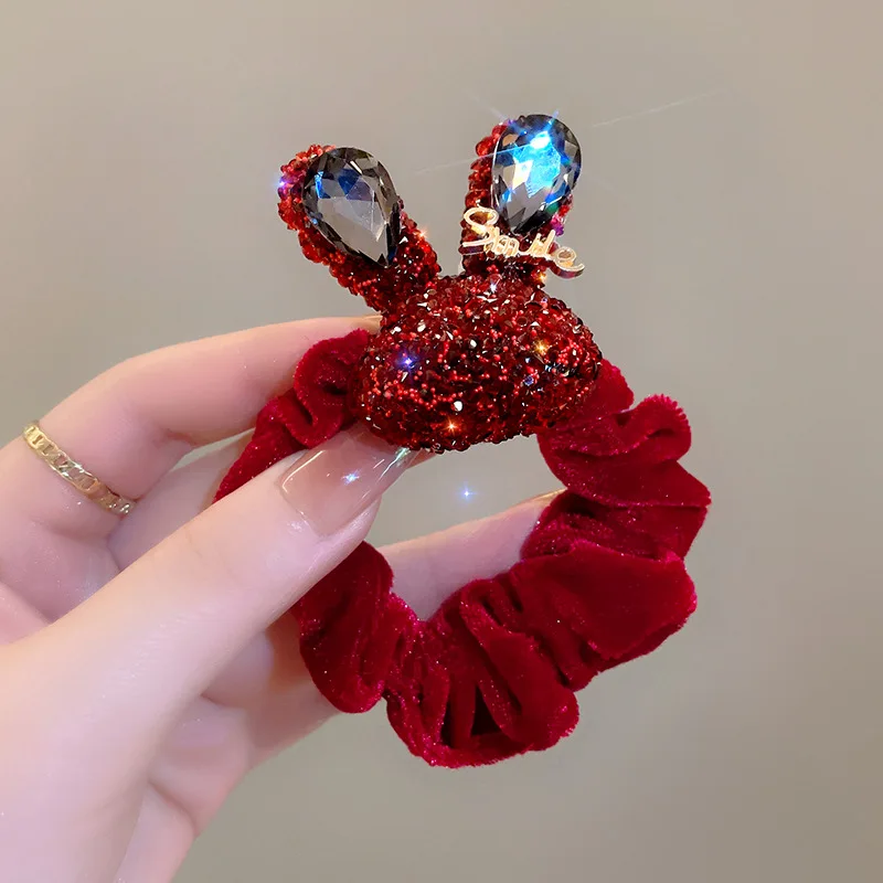 

1pc red hair accessory full of diamonds cute rabbit large intestine hair ring durable leather sheath for ponytail hair rope
