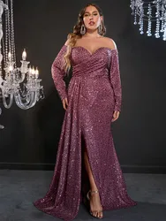 Plus Size 4XL Off-Shoulder Cinnamon Pink Sequins Evening Dress Banquet Prom Floor-Length Luxury Women Evening Dress for Women