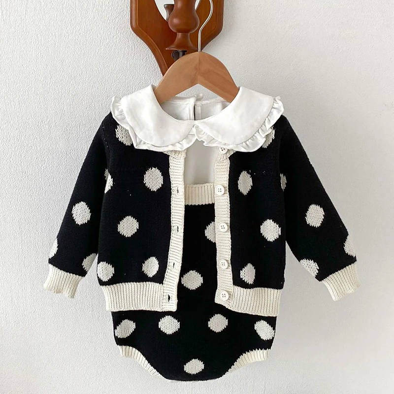 2024 New Autumn Newborn Baby Girls Clothing Suit Long Sleeved Knitted Cardigan+Jumpsuit Infant Baby Girls Knitted Clothing Set