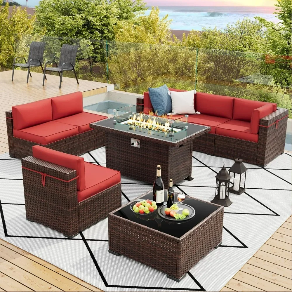 

8 Pieces Furniture Set Outdoor with Gas Fire Pit Table, 44'' Gas Fire Sectional Furniture with Burgundy Cushions, Coffee Table