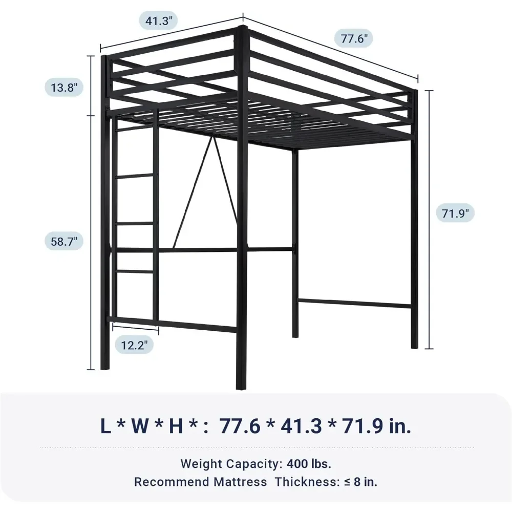 Metal Loft Bed Twin Size with Full Length Guardrail No Box Spring Needed Bed Frame