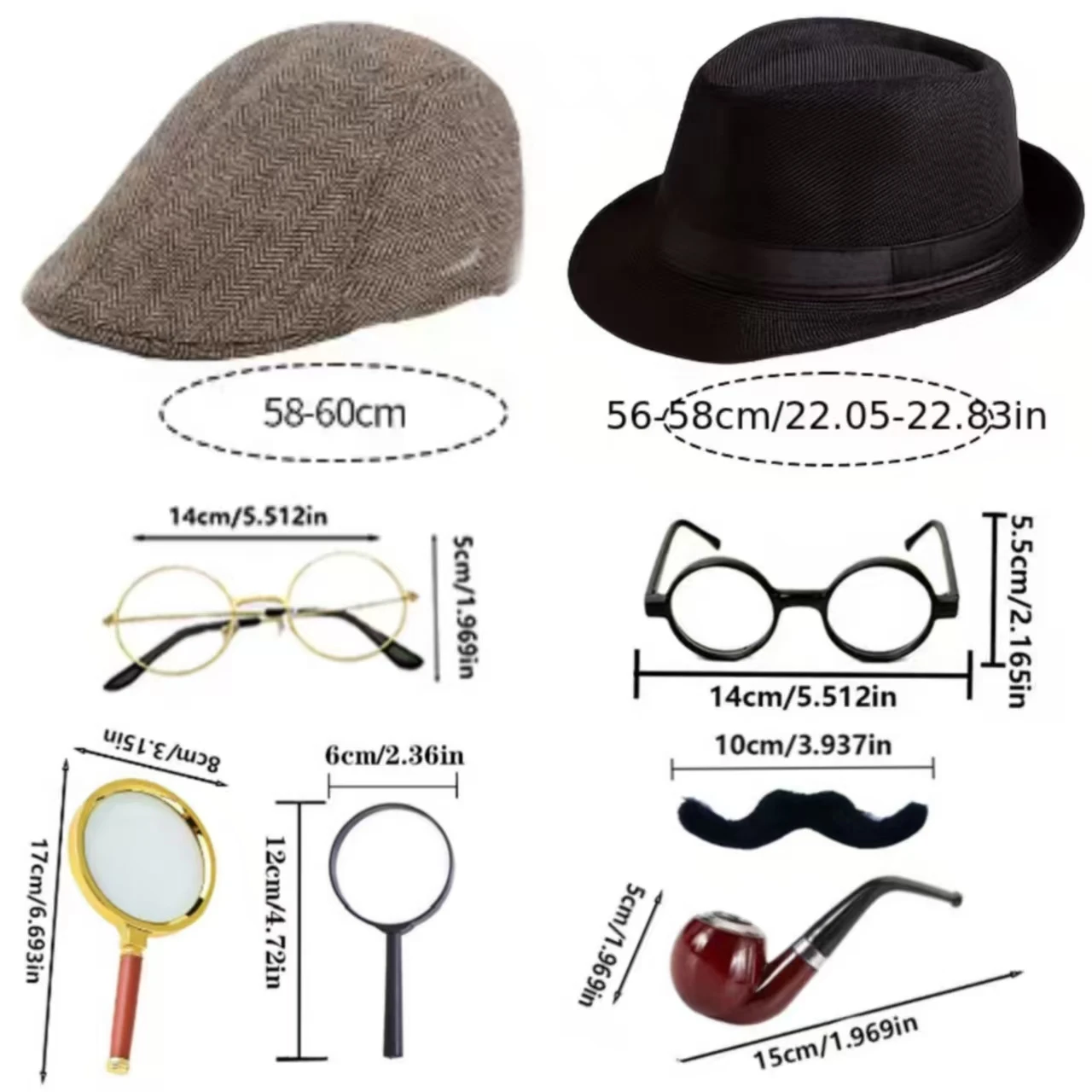 Zestaw akcesoriów do kostiumu detektywa z lat 20.: zawiera kaszkiet, okulary i fajkę, idealny na imprezę o tematyce mrocznych lat dwudziestych.