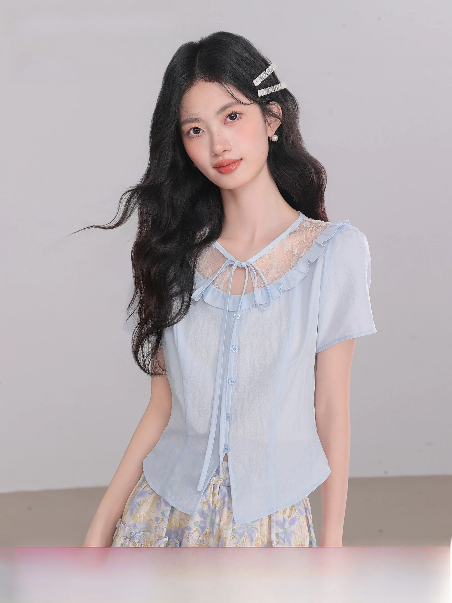 

Slim Fit Women's Short Sleeve Shirt Drawstring Neckline Waist-Cinching Lace Texture Summer New Style by Lingjiu