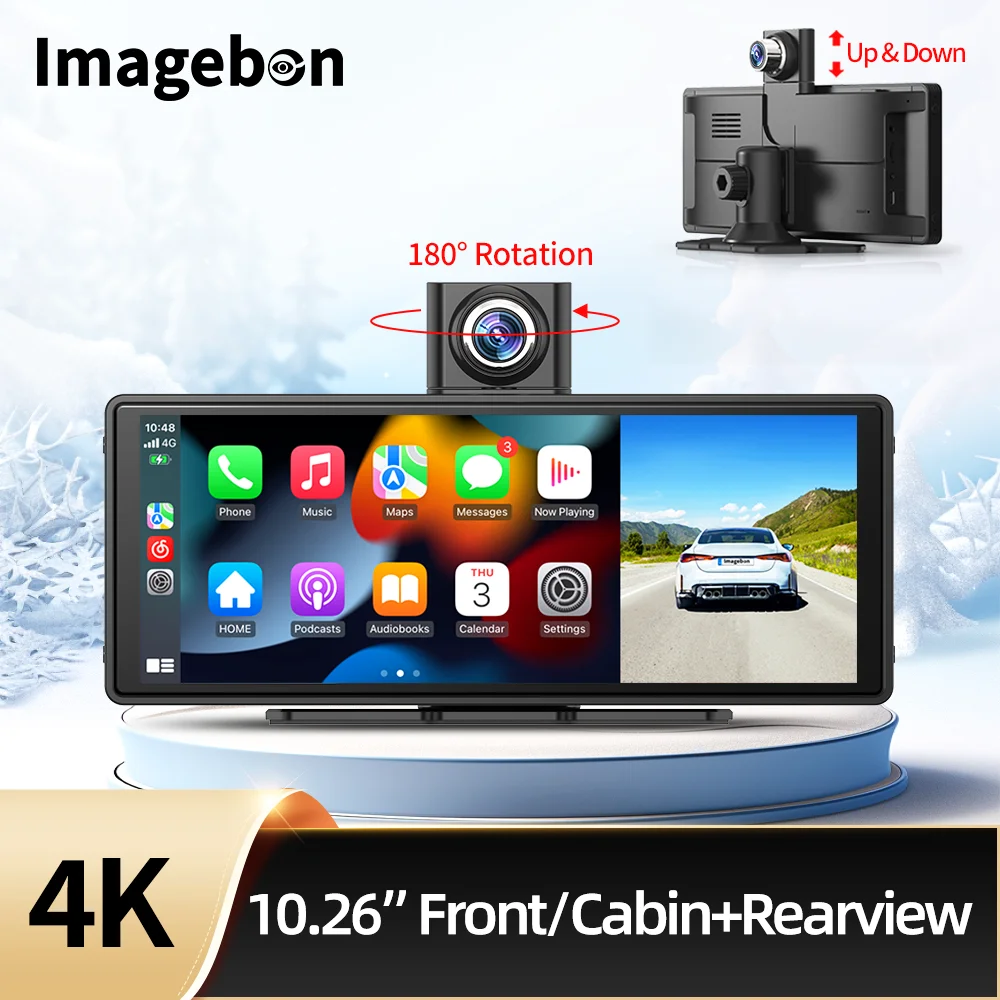 

Imagebon H30 180 ° Передняя камера с вращением 4K, видеорегистратор 10,26 дюйма, беспроводной Carplay и Android, авто, GPS-навигация, мультимедийный плеер