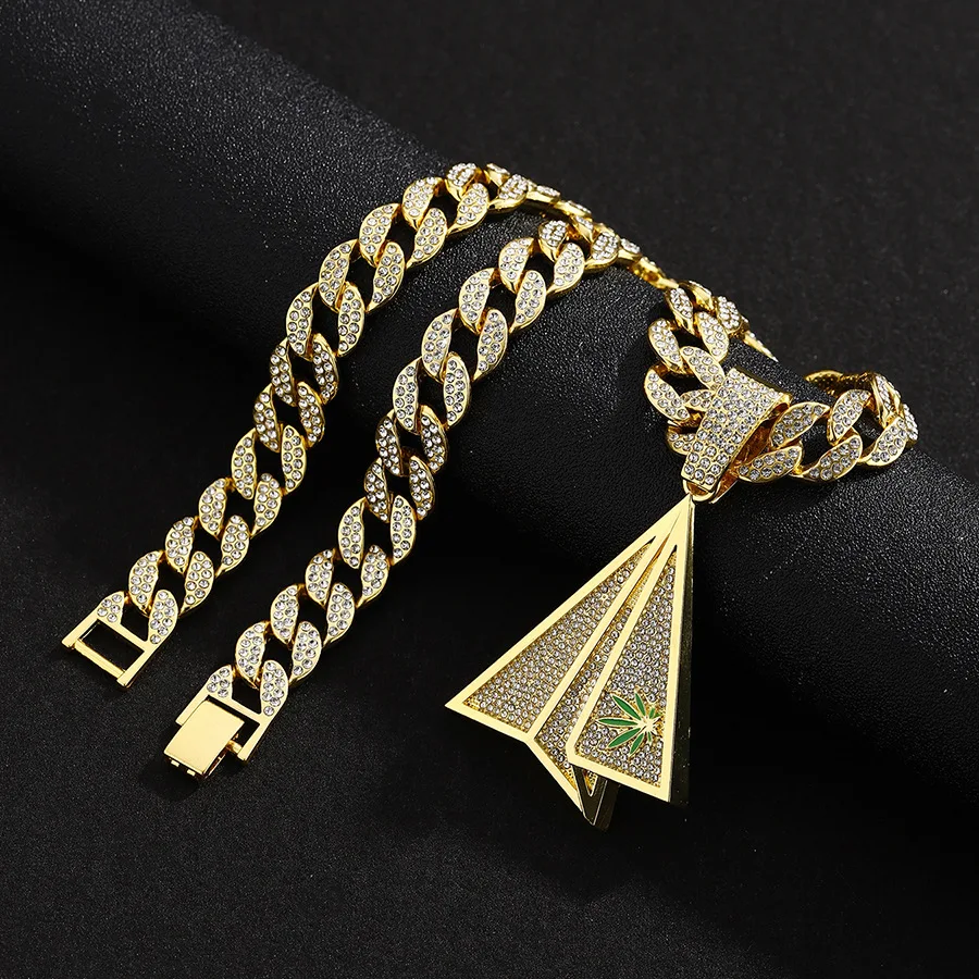 Men Women Hip Hop Paper Airplane Pendant Necklace with Crystal Cuban Chain HipHop Iced Out Bling Necklaces Fashion Charm Jewelry
