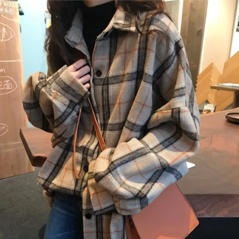 Female Spring  Autumn Oversized  Tunic  Shirt for Women Street Blouse  Vintage Plaid Flannel  Casual Korean Tops