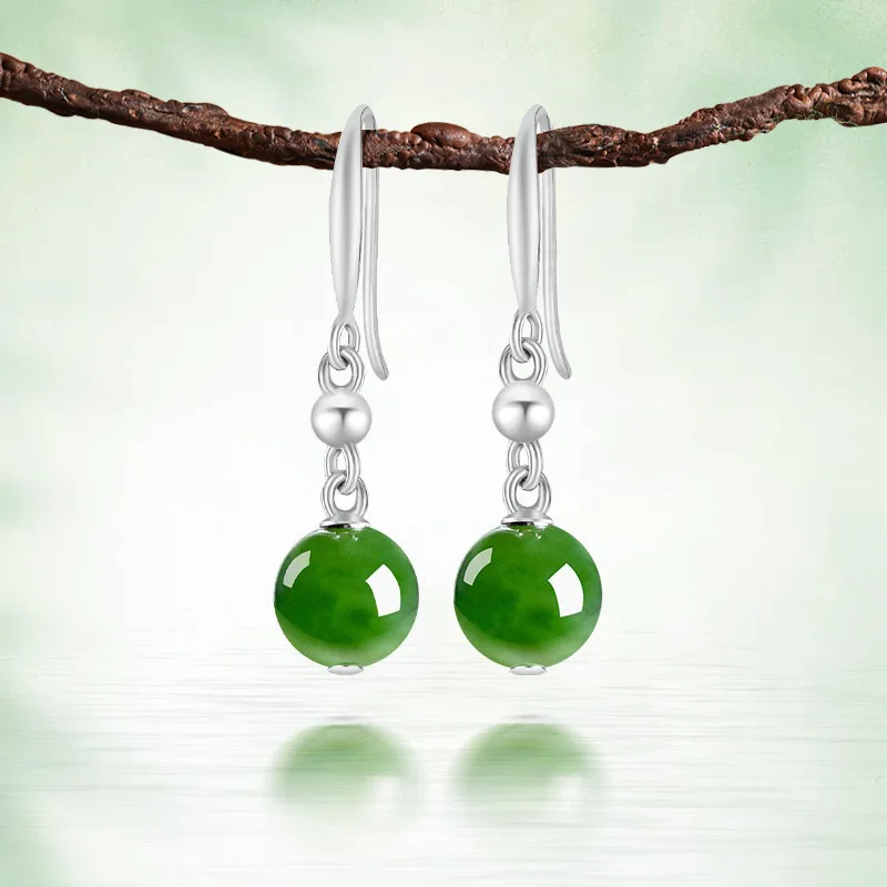 S925 Silver With Natural Hetian Jade Round Beads, Fashionable Women'S Earrings