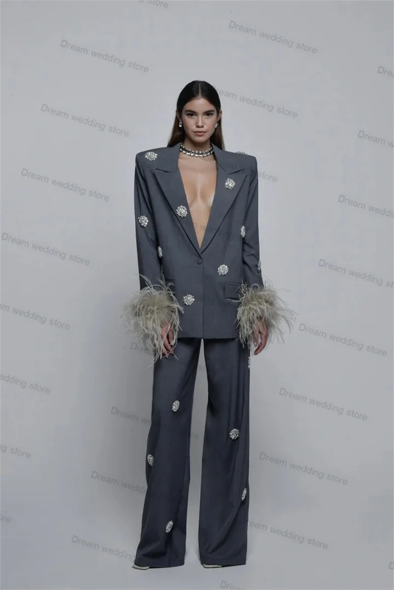 

2 Pieces Grey Women Suits Pants Set Blazer+Trousers Feather Crystals Formal Office Lady Guest Wedding Tuxedo Jacket Tailored