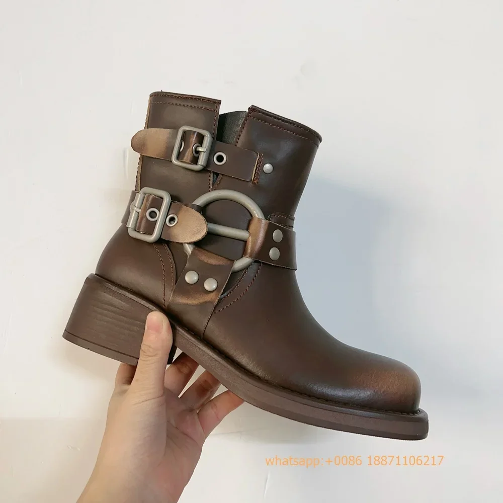 Bottes de style cowboy western en cuir véritable avec ceinture pour femme, bottes de chevalier décontractées, style Ins rond, noir et marron, automne 2024