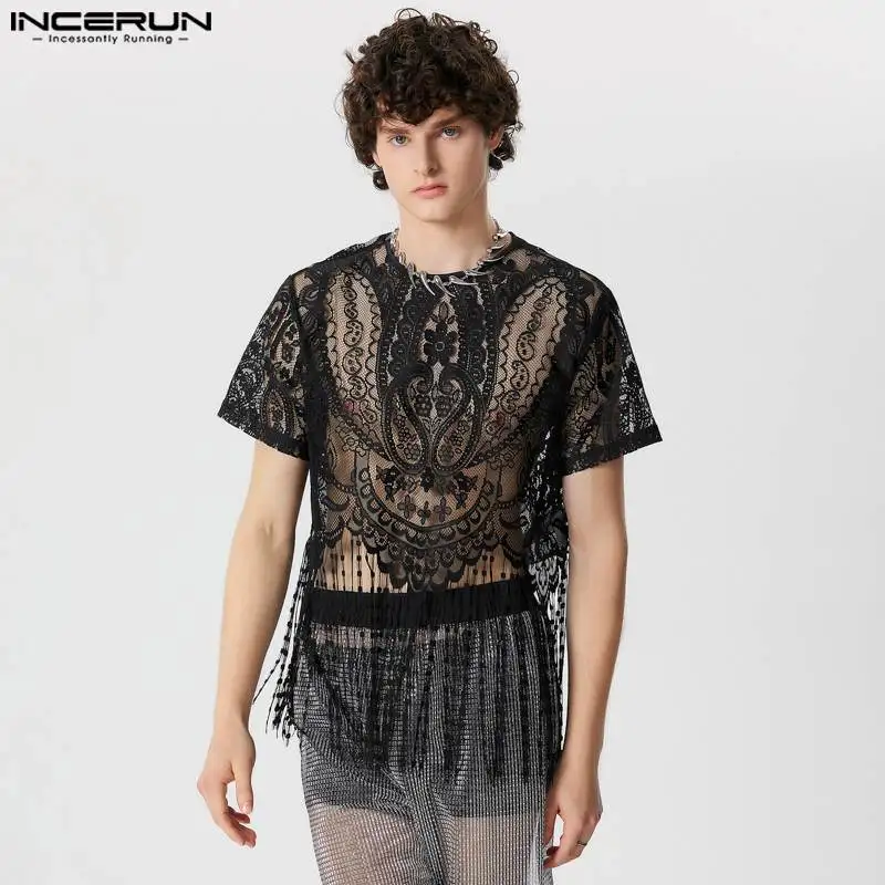 2024 Men T Shirt Lace Tassel O-neck Short Sleeve Transparent Fashion Men Clothing Streetwear Party Irregular Crop Tops INCERUN