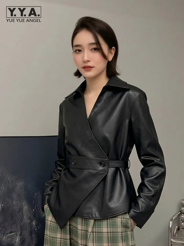 Women Casual Fashion Genuine Leather V Neck Short Jacket Slim Fit Belt Streetwear Long Sleeve Designer Lady Sheepskin Shirt Coat