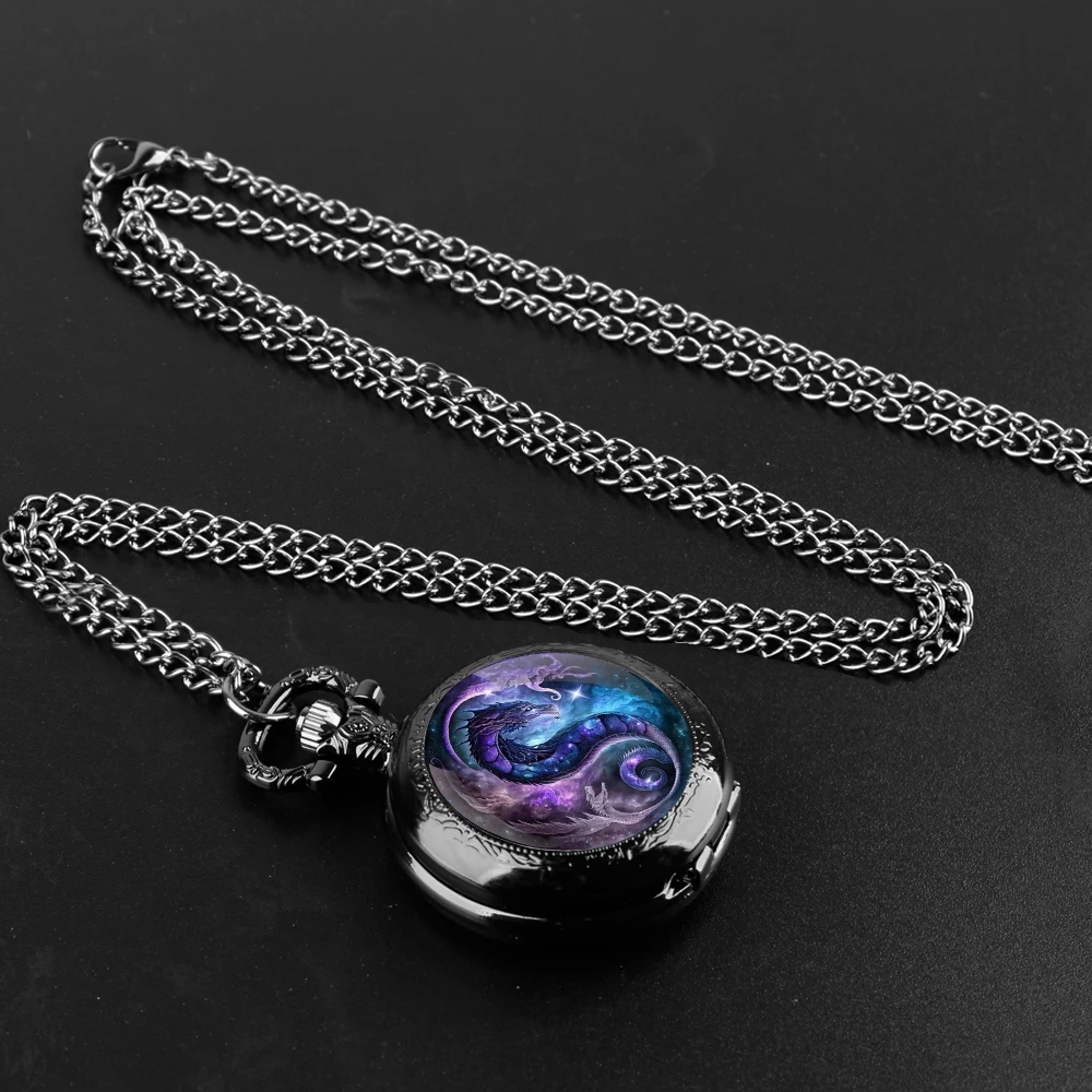 Reloj de bolsillo de cuarzo para hombre y mujer, pulsera con diseño de dragón púrpura, cúpula de cristal, cadena duradera, esfera de números árabes, regalos creativos