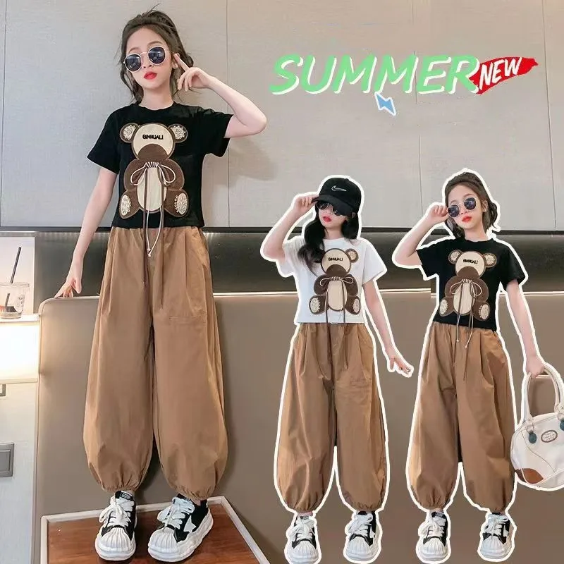 

Summer Girls Contrast 3D Cartoon Short-Sleeved t-Shirt Tops+Loose Plain Pant Set School Kids Tracksuit Child 2PCS Outfit 3-14Yrs