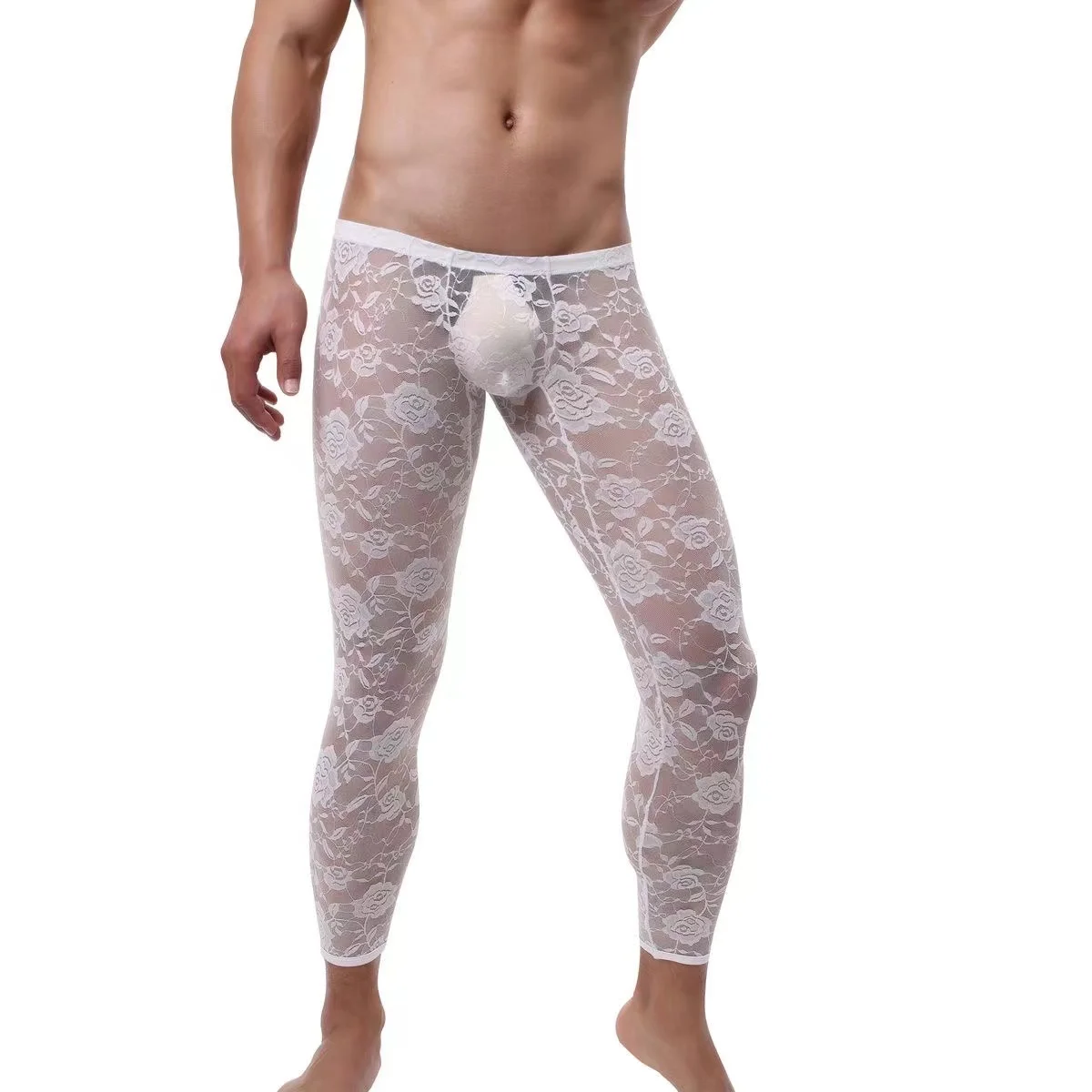 Calças de renda transparente sexy masculinas, baixo crescimento visível, cuecas apertadas longas, pijama masculino confortável, amantes de casa, casais