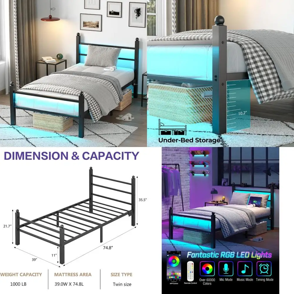 إطار سرير مزدوج مع لوح أمامي ولوح للقدمين، إطار سرير معدني مع قاعدة شحن وأضواء LED، تخزين تحت السرير، بدون صندوق Spr
