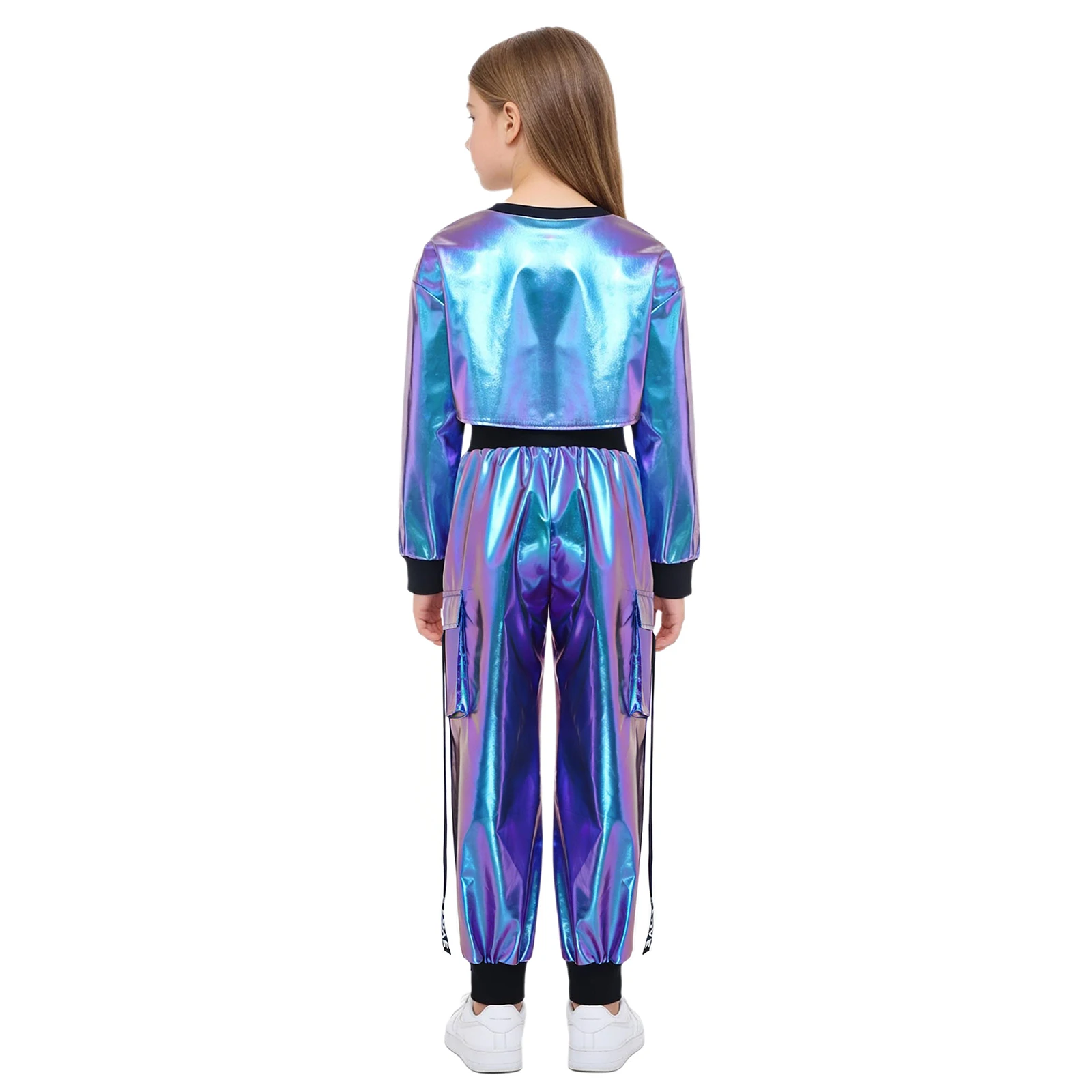 Girls Hip Hop Jazz Street Dance Outfits Metallic Glossy Pullover Top with Sport Tank Top Pants for Disco Party Stage Performance