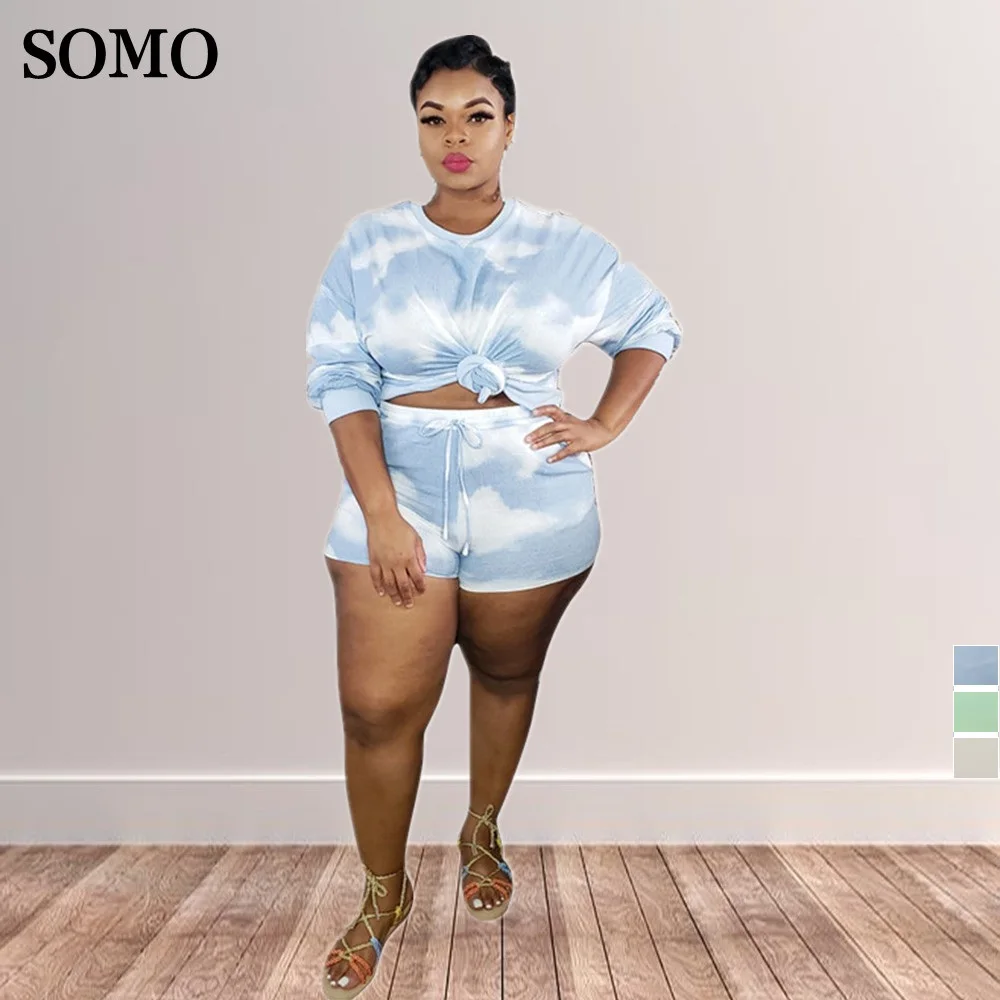 

SOMO Spring Clothes Tie Dye Print Top and Shorts Fashion Casual Plus Size Two Piece Short Sets for Women Wholesale Dropshpping