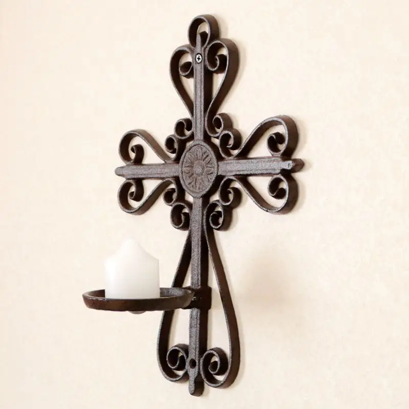 Vintage Gothic Cross Iron Candle Sconce Hand-Forged Wall Mounted Candelabra for Farmhouse Church Wedding Decor Distressed Finish