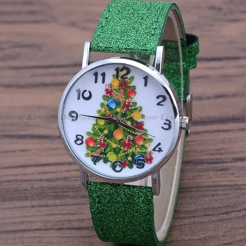 Snowflake Sparkly Big Dial Christmas Tree Santa Reindeer Wristwatch Leather Quartz Watch Xmas Gift For Women Men And Children